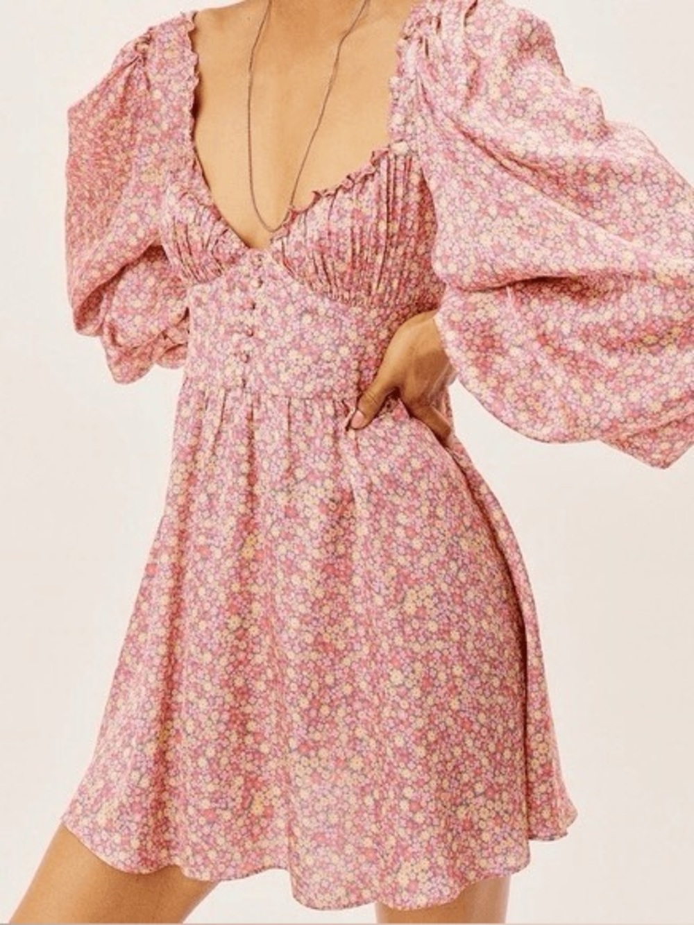For Love & Lemons Laurie Pink Floral Puff-Sleeve Mini Dress - Picture 3 of 13